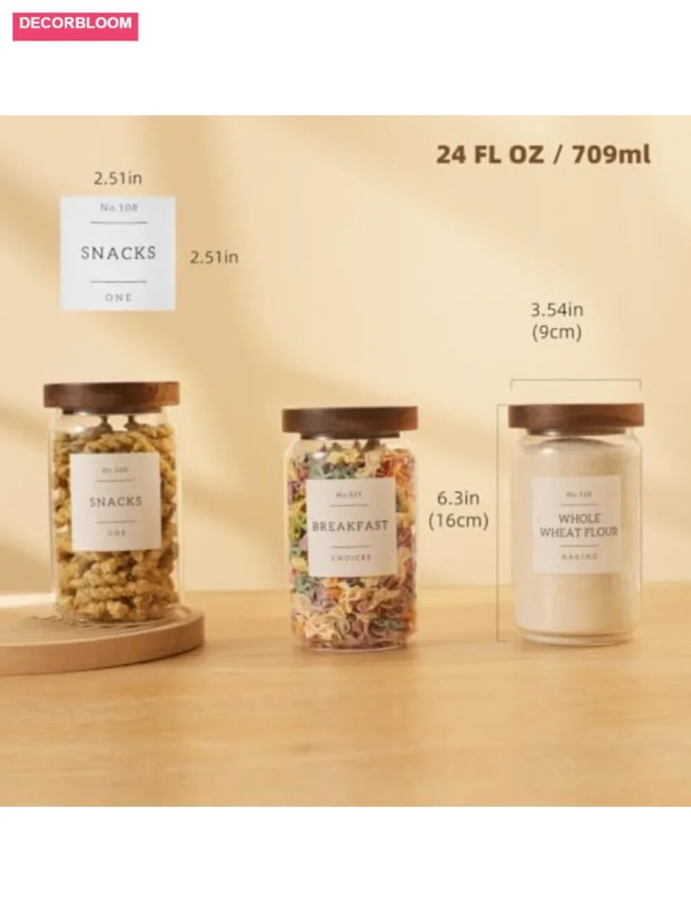 6 Pack Glass Canisters with Airtight Acacia Lids and 132 Pantry Labels, 24 oz